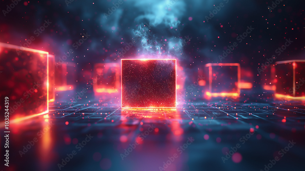 Abstract digital art featuring neon lights and 3D cubes, ideal for tech or gaming advertising campaigns. Abstract digital art featuring neon lights and 3D cubes, ideal for tech or gaming advertising campaigns.