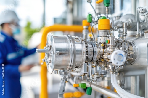 Worker inspecting industrial equipment in a modern facility, blurred background.