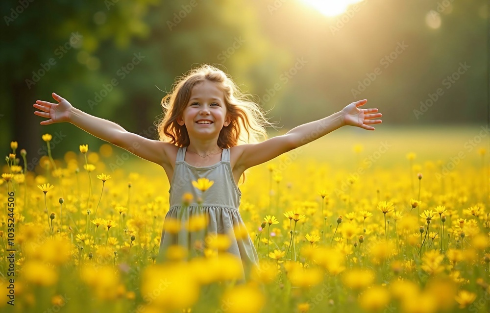 Naklejka premium Smiling Child Playing Joyfully in a Beautiful Yellow Flower Field: A Moment of Freedom and Happiness in Nature