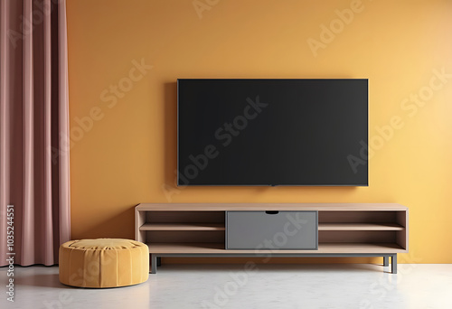 TV wide screen on the TV stand in modern living room. 3d illustration
