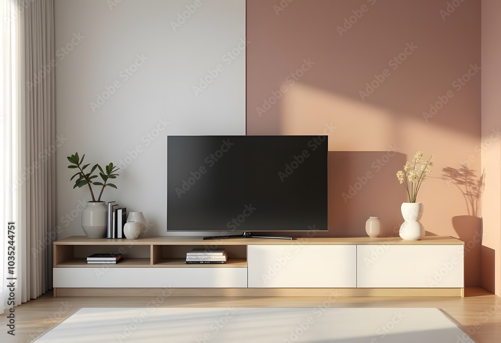TV wide screen on the TV stand in modern living room. 3d illustration
TV wide screen on the TV stand in modern living room. 3d illustration