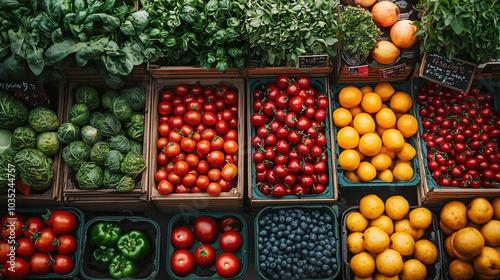 Top view of a crowded urban farmers market, with fresh produce and colorful stalls, ideal for organic food or local business promotions.