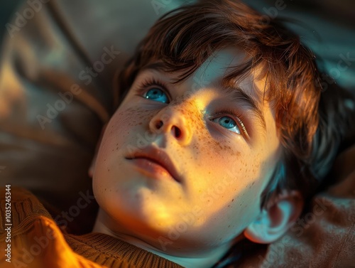 Child with imaginary injury, illusory stomach ache, lying on couch, soft evening light, close-up, tear-streaked face, crisis of fear photo