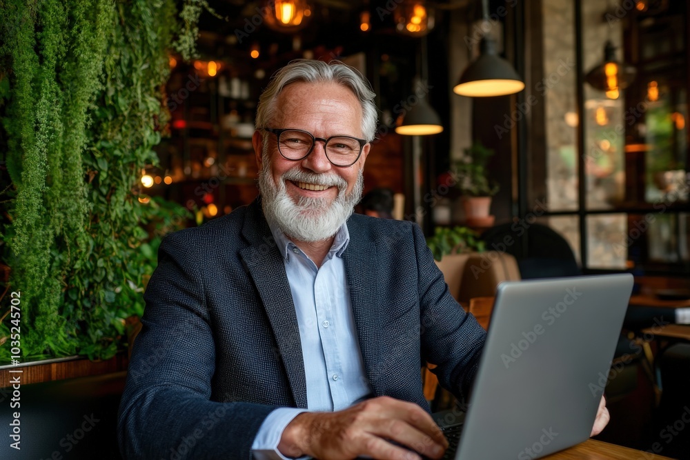 Smiling Senior Man Working on Laptop in Cafe Smiling Senior Man Working on Laptop in Cafe