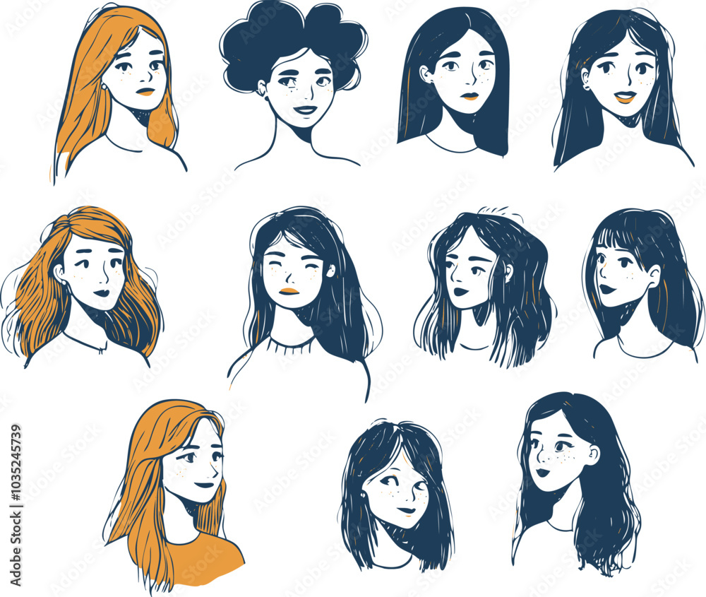Female hand drawn cartoon avatar icon collection. User profile people for social media and websites Female hand drawn cartoon avatar icon collection. User profile people for social media and websites