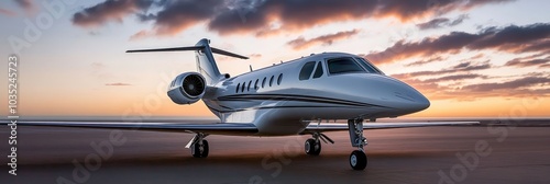 Luxury Private Jet Parked on Runway with Vibrant Sunset Sky. Business Aviation and Luxury Travel.