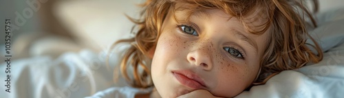 Child with throbbing toothache, holding jaw, bedroom setting, soft lighting, close-up, tender moment, pastel hues photo