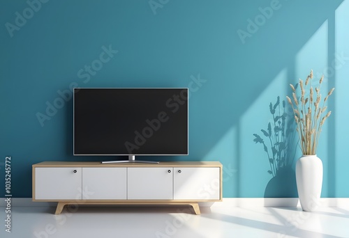 TV wide screen on the TV stand in modern living room with white wall. Side view. 3d illustration 