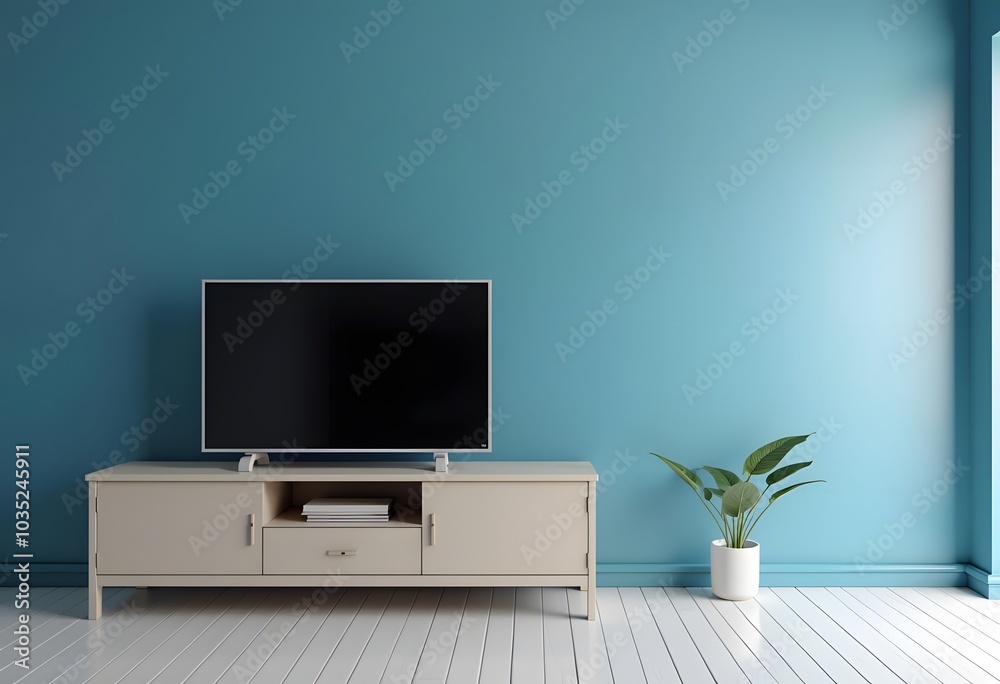 TV wide screen on the TV stand in modern living room with white wall. Side view. 3d illustration
TV wide screen on the TV stand in modern living room with white wall. Side view. 3d illustration