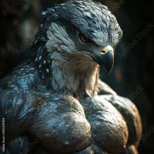 Anthropomorphic muscular falcon with human body
 photo