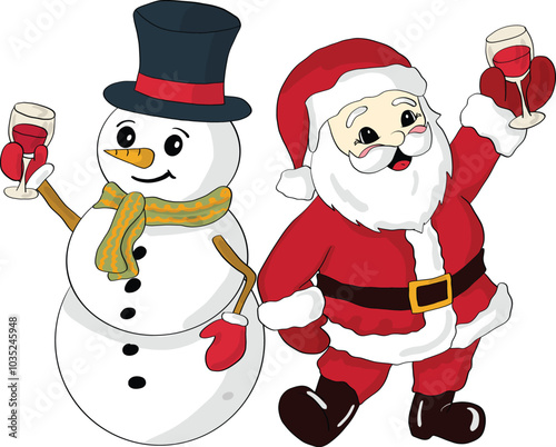 Santa Claus and the cheerful snowman drinking red wine. Art & Illustration