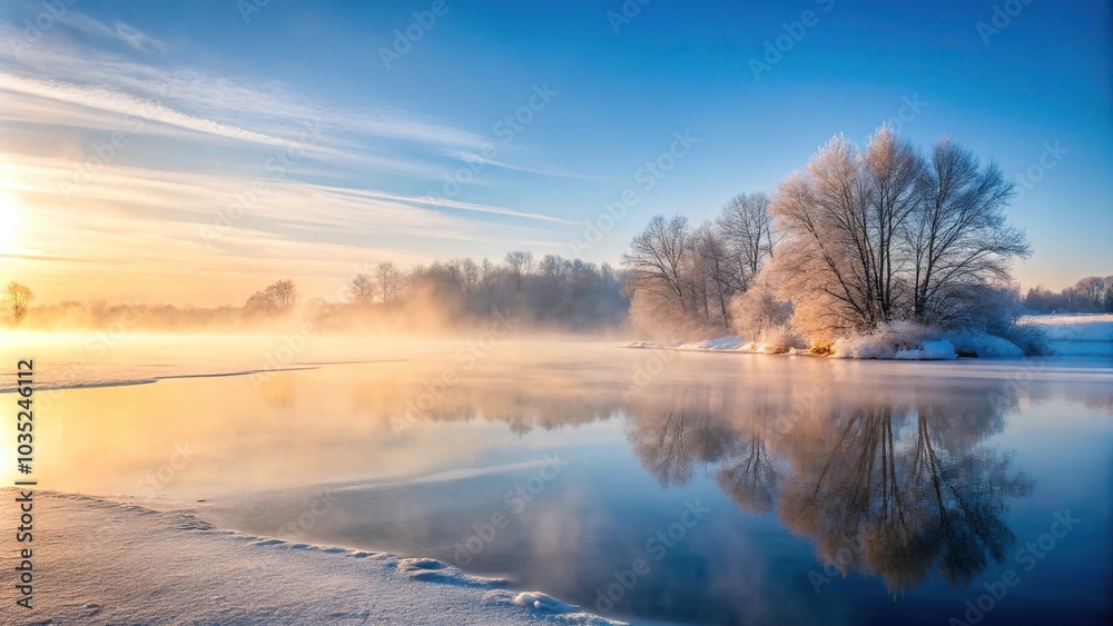 A delicate white mist is suspended above a frozen lake on a winter morning, lake, calm, frosty A delicate white mist is suspended above a frozen lake on a winter morning, lake, calm, frosty