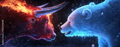 A blazing bull, its horns glowing red-hot, squares off against a frost-encrusted bear, with crackling fire and shimmering ice creating a dynamic scene. photo