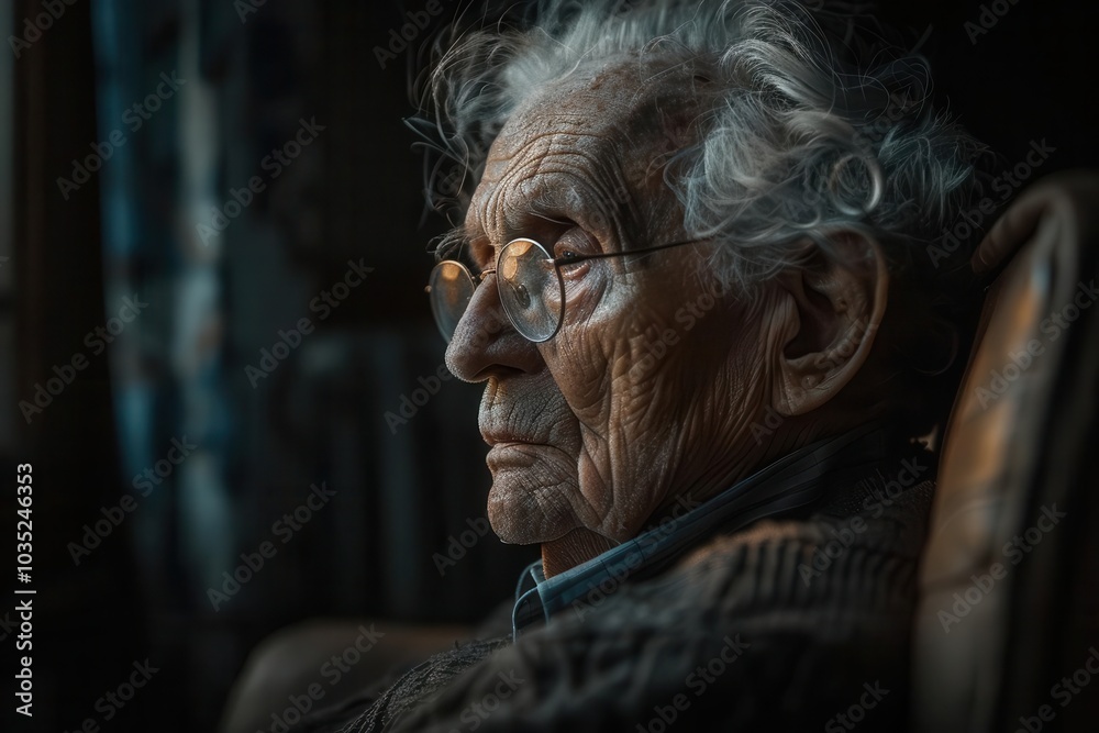 Elderly person with aching joints, ghostly shadows in room, sitting alone, soft lamp light, side angle, psychological dread, melancholic mood Elderly person with aching joints, ghostly shadows in room, sitting alone, soft lamp light, side angle, psychological dread, melancholic mood