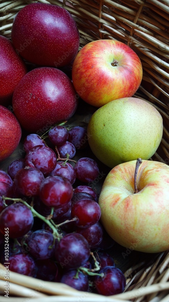 A vibrant autumn basket filled with fresh apples and luscious grapes harvested at sunrise A vibrant autumn basket filled with fresh apples and luscious grapes harvested at sunrise