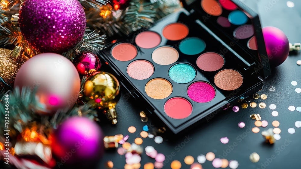 A Christmas-themed makeup palette filled with vibrant, glittering holiday colors, surrounded by tinsel, ornaments, and a cozy fireplace.