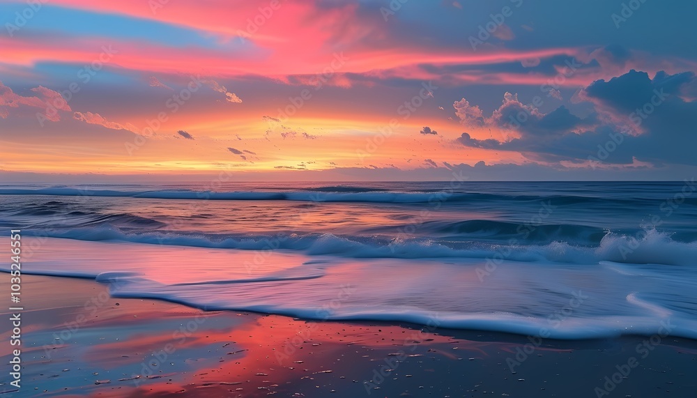 Fototapeta premium Quiet Twilight at the Beach with Soft Waves and Colorful Skies