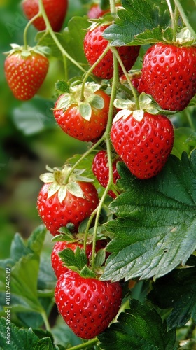 Vibrant strawberries hanging from green leaves in a sunlit garden during summer harvest