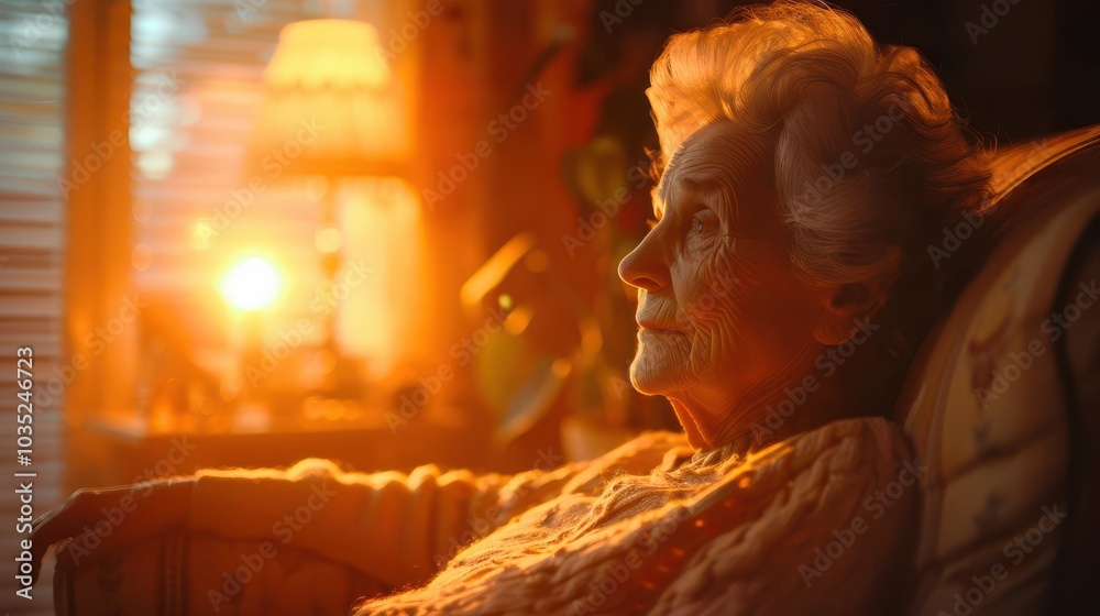 Elderly person with throbbing joints, straining to walk, yearning for ease, sitting in living room, soft lamp light, side angle Elderly person with throbbing joints, straining to walk, yearning for ease, sitting in living room, soft lamp light, side angle