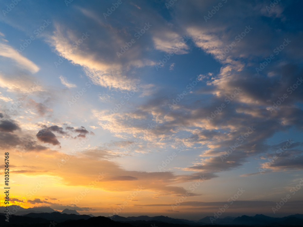 Horizon panorama and dramatic twilight sky and cloud sunset background. Natural sky background texture, beautiful color. Horizon panorama and dramatic twilight sky and cloud sunset background. Natural sky background texture, beautiful color.