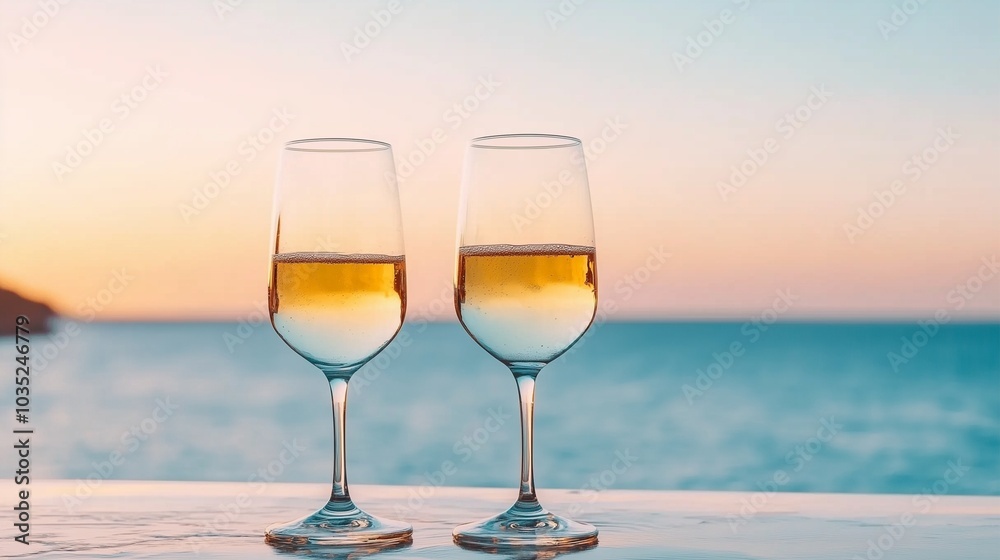 two glasses of wine on the beach, romantic setting