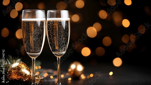 two glasses of champagne on black background