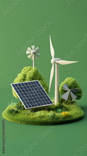 3D illustration of grass with a solar panel and windmill, on a green background, in a minimalistic style with simple shapes and a green color palette