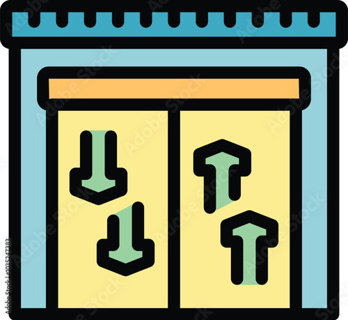 This colorful vector illustration depicts an elevator with its doors opening and closing, ideal for projects related to accessibility, transportation, and modern architecture