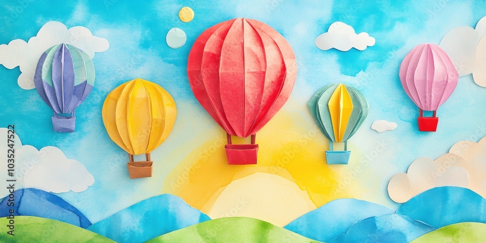 Paper hot air balloons flying over a blue sky. Paper hot air balloons flying over a blue sky.