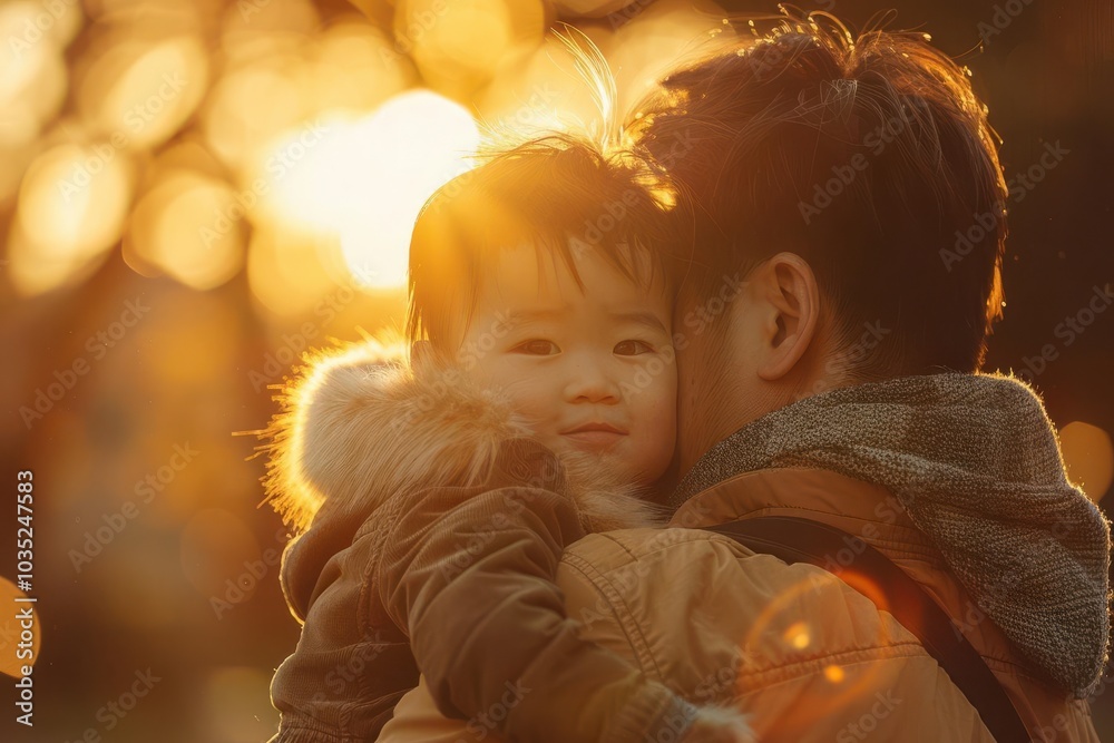 Parent with cramping back, carrying child, park setting, pained expression, golden hour, distant angle, warm tones, serene yet painful