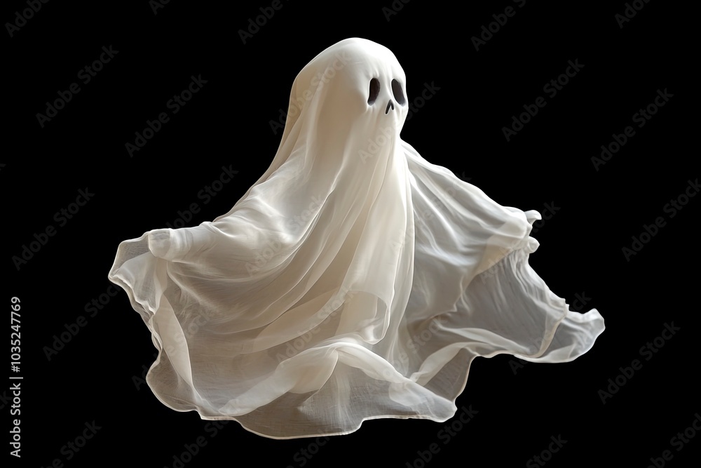 Floating scary white fabric ghost for Halloween parties to celebrate the night holiday. Creepy ghost character. Can be used in screen mode for a transparent effect. with generative ai Floating scary white fabric ghost for Halloween parties to celebrate the night holiday. Creepy ghost character. Can be used in screen mode for a transparent effect. with generative ai