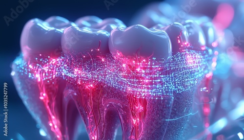 A detailed, futuristic cross-section of a tooth, with glowing red nerve endings and a blue digital grid surrounding the roots to illustrate modern endodontics. photo