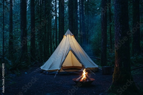 A minimalist, cream-colored tent set up in the middle of an old-growth forest at night with a fire pit beside it. 