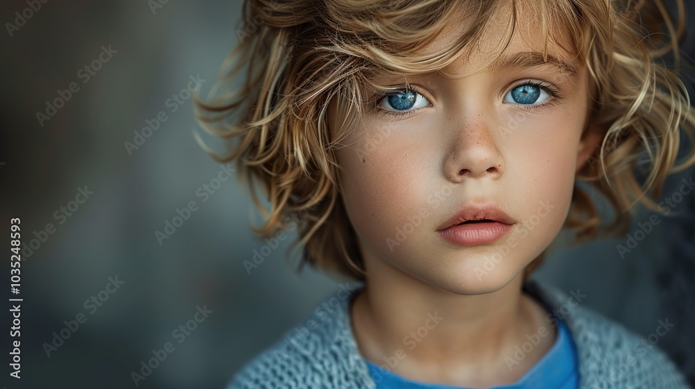 Portrait of a Young Boy with Blue Eyes and Curly Blonde Hair