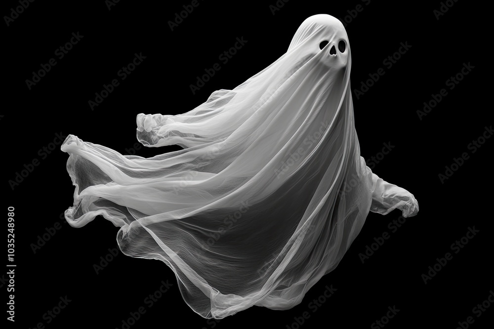 Floating scary white fabric ghost for Halloween parties to celebrate the night holiday. Creepy ghost character. Can be used in screen mode for a transparent effect. with generative ai