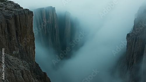 Majestic foggy canyon with towering rock formations, creating a dramatic and mysterious landscape photo