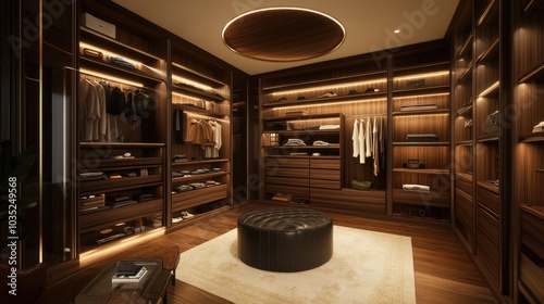 A luxurious walk-in closet with custom shelving, ambient lighting, and premium finishes, symbolizing high-end living and desirable real estate