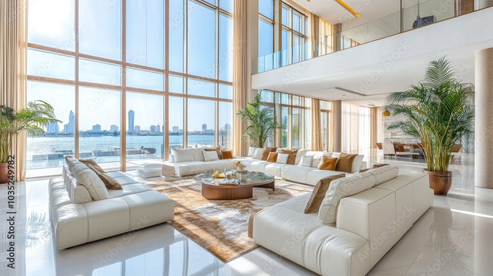 A spacious, elegant living room with floor-to-ceiling windows and premium decor, exuding luxury and representing a high-end property A spacious, elegant living room with floor-to-ceiling windows and premium decor, exuding luxury and representing a high-end property