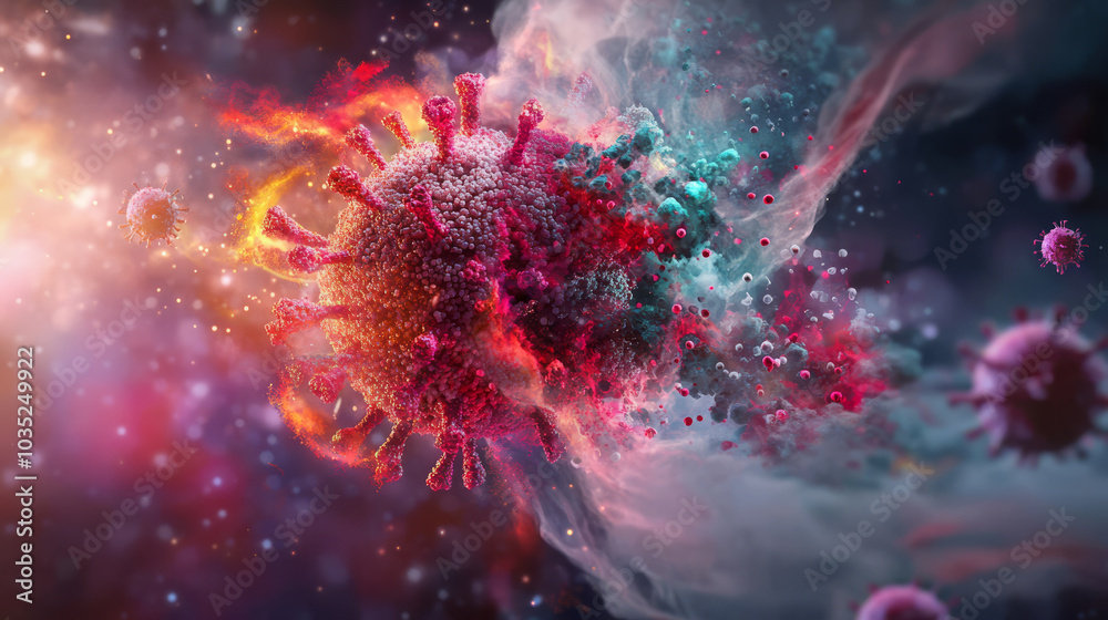 A 3D illustration of a virus particle being destroyed by antibodies in a human body. A 3D illustration of a virus particle being destroyed by antibodies in a human body.