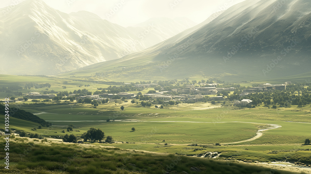 Obraz premium Idyllic mountain valley with a small village nestled between lush green hills and towering peaks under soft sunlight