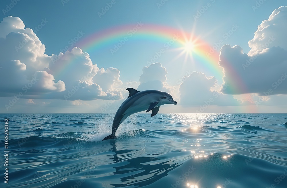 Fototapeta premium A stunning image captures a playful dolphin leaping from the water as it basks beneath a vibrant rainbow in the sky The tranquil clouds above create