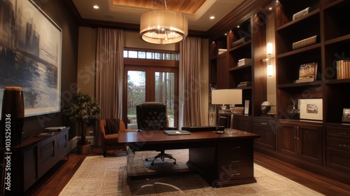 A beautifully designed home office with custom cabinetry, modern lighting, and elegant decor, perfect for attracting high-end buyers