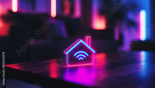 A glowing house icon with a Wi-Fi symbol on a sleek glass coffee table, with a minimalist modern living room in the background featuring stylish furniture.