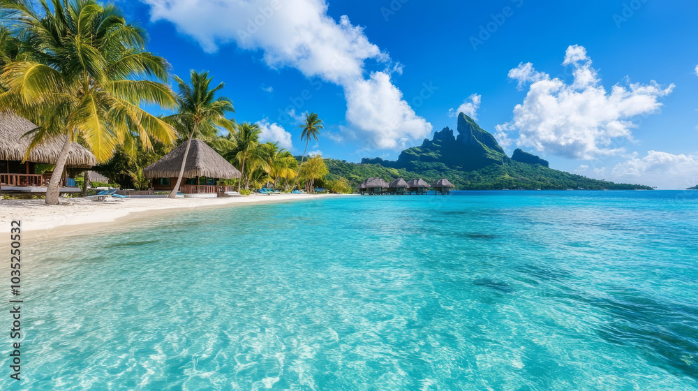 Fototapeta premium A beautiful travel destination with tropical beaches, palm trees, and crystal-clear water. Include a luxury resort in the background, showcasing paradise.