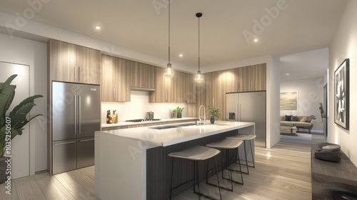 A beautifully designed open kitchen with sleek countertops, stainless steel appliances, and premium finishes, symbolizing luxury and high market value