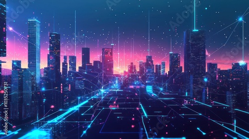 A futuristic cityscape showing a global network of technology and business connectionsGraphic depicting the journey of a small business from concept to reality, highlighting key milestones and challen photo