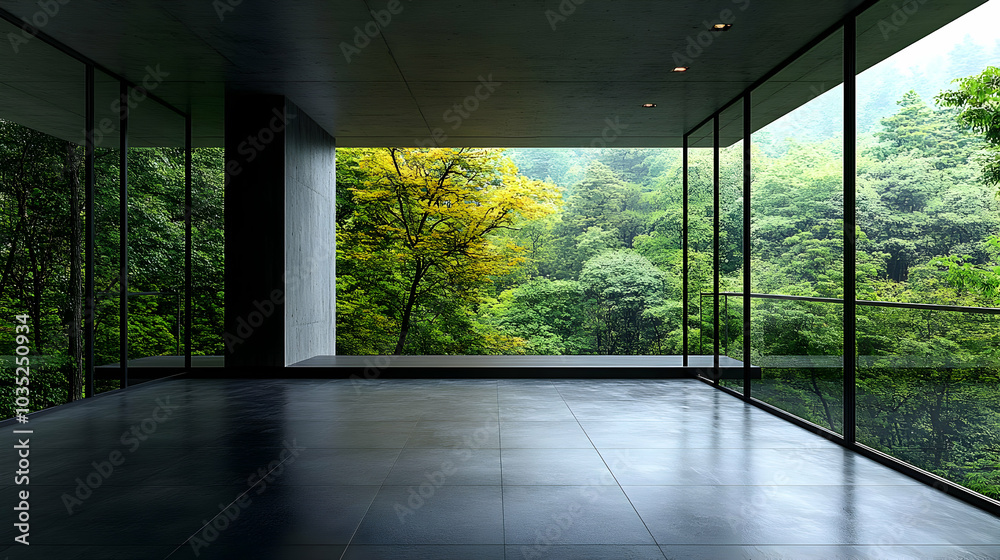 Obraz premium Modern Minimalist Interior Design with Large Windows and a View of the Forest