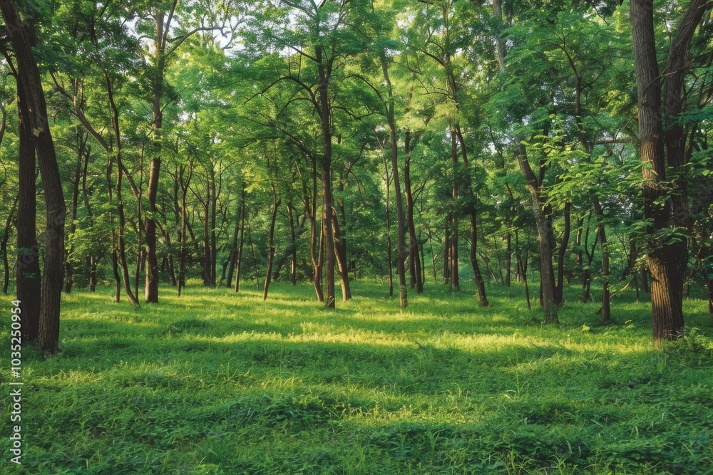 A serene landscape featuring lush green grass and towering trees in the background A serene landscape featuring lush green grass and towering trees in the background