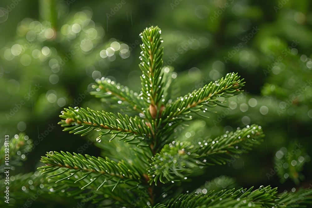 Evergreen Foliage with Dewdrops in Serene Natural Setting Evergreen Foliage with Dewdrops in Serene Natural Setting