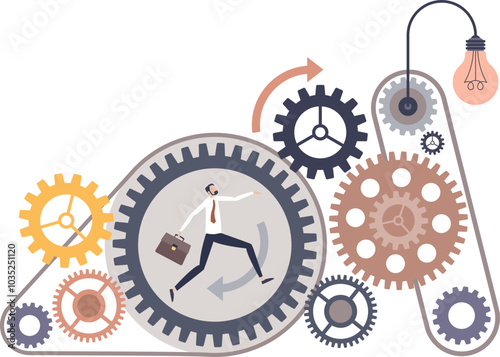 A businessman runs into gears, symbolizing innovation and problem-solving.
